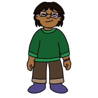 a child with brown skin, glasses, and straight black hair that goes to around their neck. they're wearing a colorful bracelet, purple shoes, green pants, and a green shirt